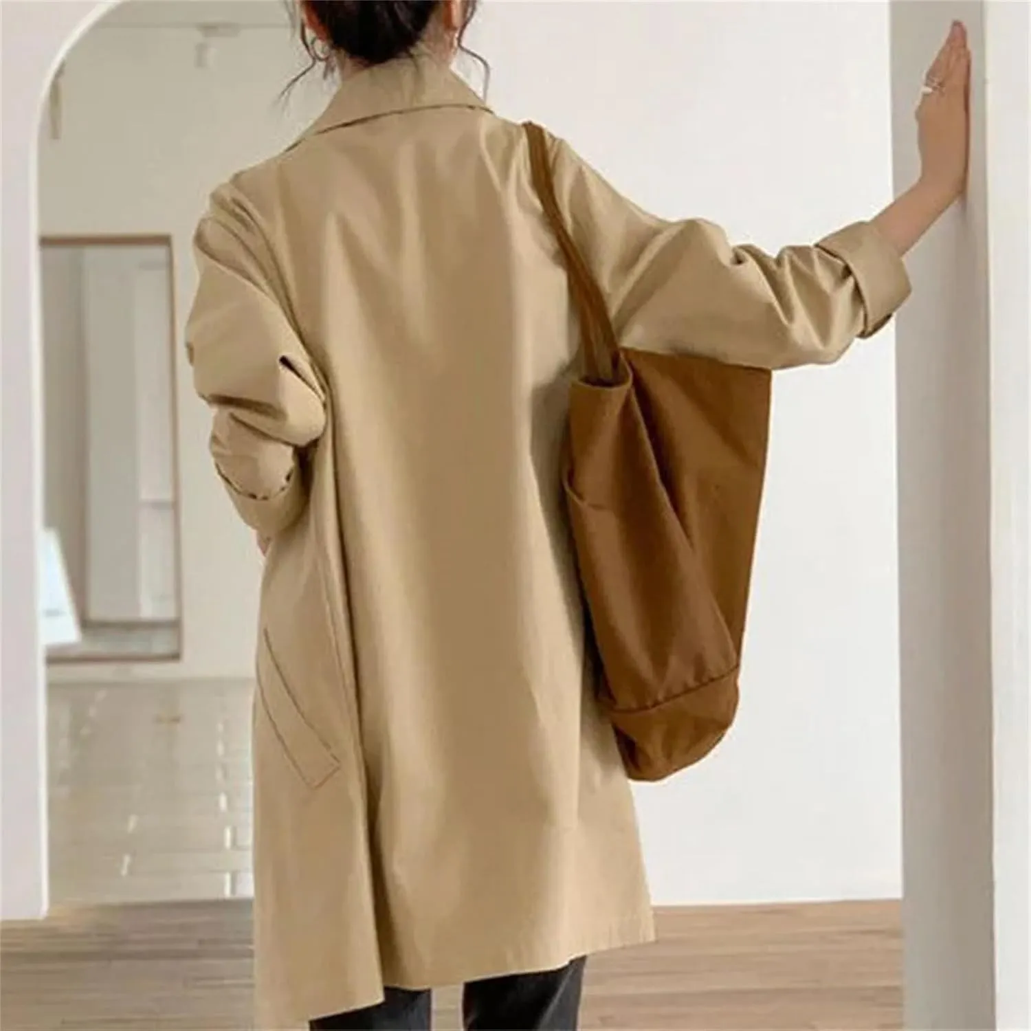Women's Button Spliced Trench Coat ?C Casual Loose Fit All-Match Solid Color Work Office Medium-Length Jacket