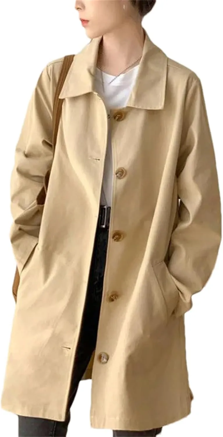 Women's Button Spliced Trench Coat ?C Casual Loose Fit All-Match Solid Color Work Office Medium-Length Jacket