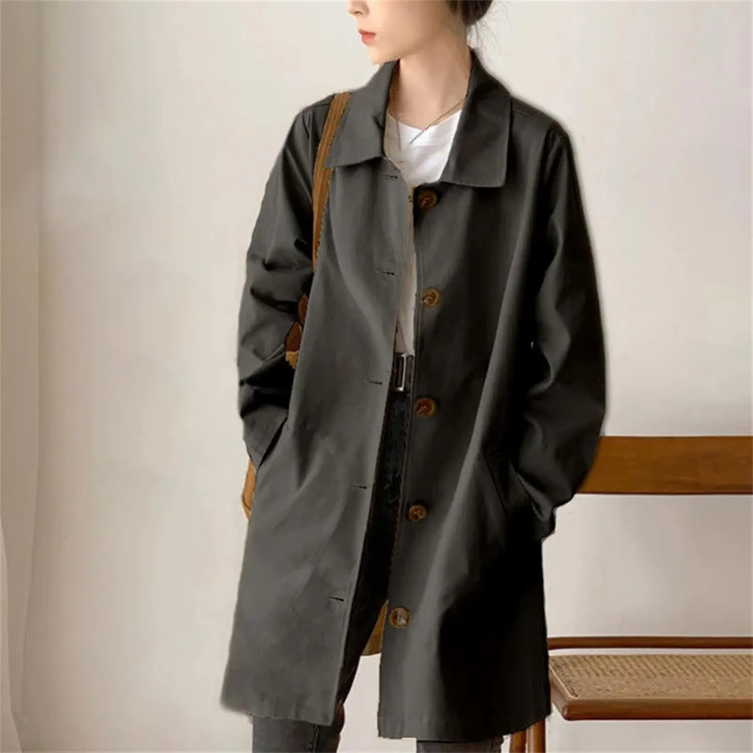 Women's Button Spliced Trench Coat ?C Casual Loose Fit All-Match Solid Color Work Office Medium-Length Jacket