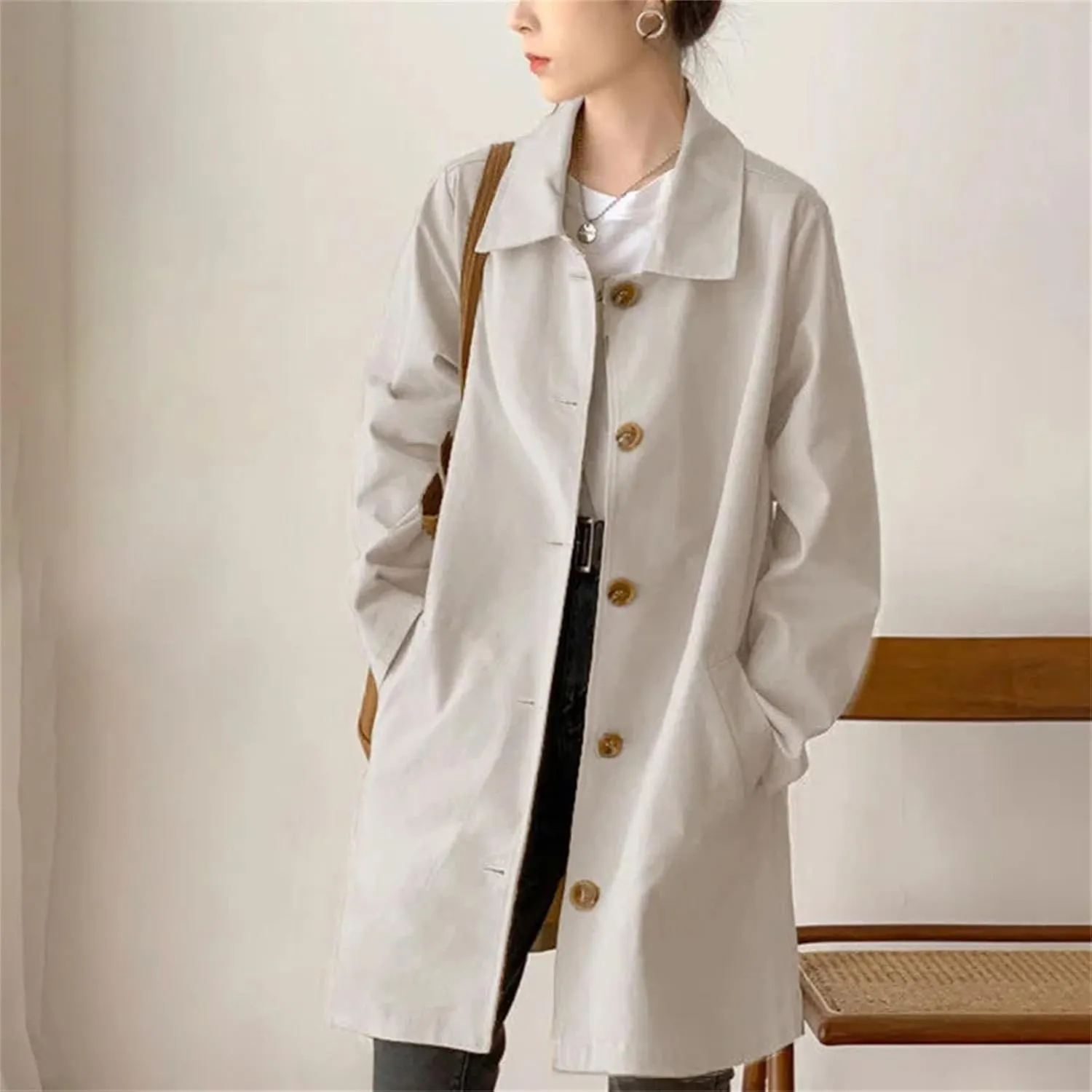 Women's Button Spliced Trench Coat ?C Casual Loose Fit All-Match Solid Color Work Office Medium-Length Jacket