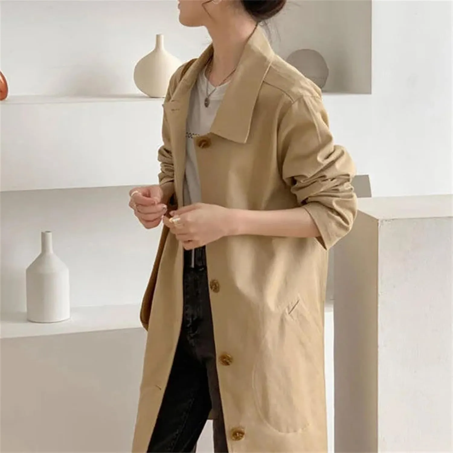 Women's Button Spliced Trench Coat ?C Casual Loose Fit All-Match Solid Color Work Office Medium-Length Jacket