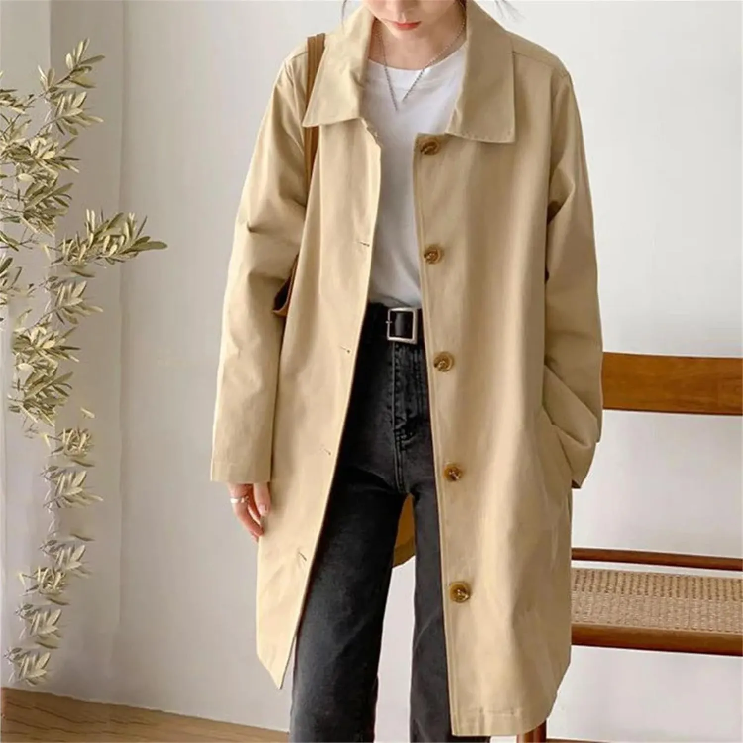 Women's Button Spliced Trench Coat ?C Casual Loose Fit All-Match Solid Color Work Office Medium-Length Jacket