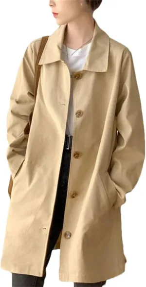 Women's Button Spliced Trench Coat ?C Casual Loose Fit All-Match Solid Color Work Office Medium-Length Jacket