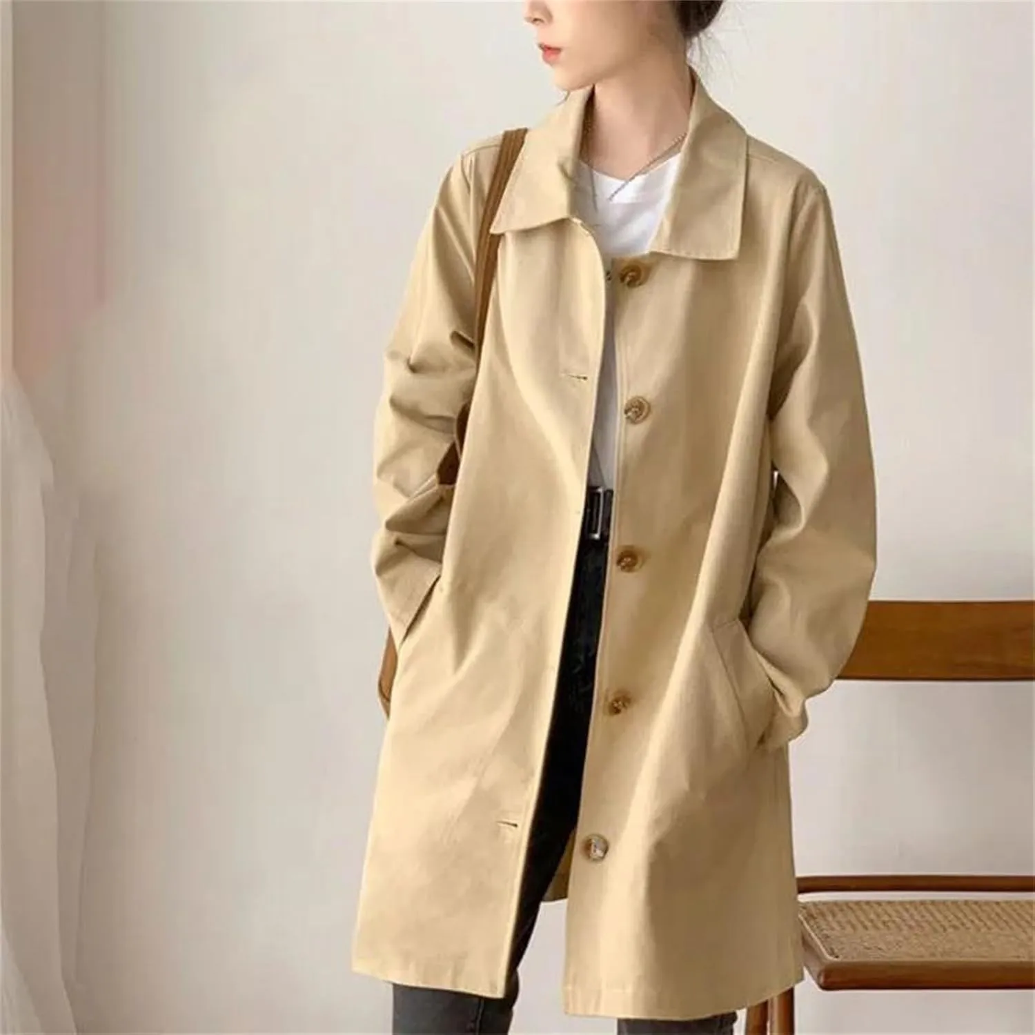 Women's Button Spliced Trench Coat ?C Casual Loose Fit All-Match Solid Color Work Office Medium-Length Jacket
