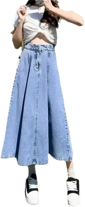 Women's Casual Solid Loose Denim Skirt Medium-Length Straight-Leg A- Line Umbrella Skirt