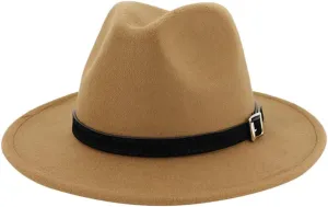 Women's Classic Wide Brim Fedora Hat with Belt Buckle Panama Hat Ladies Foldable Church Cap for Women and Men