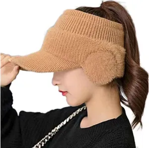 Women's Fashion Ear Guard Knit Cap-Winter Fleece Ponytail Hat Baseball w Earflap
