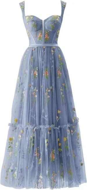 Women's Flower Embroidery Tulle Prom Dresses Tea Length Corset A Line Fairy Formal Evening Party Gown