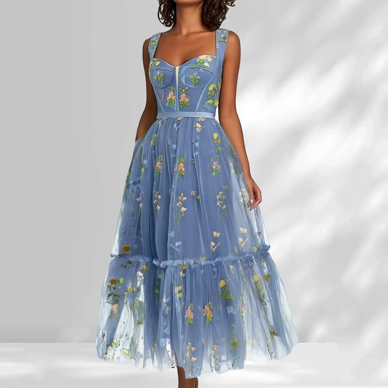 Women's Flower Embroidery Tulle Prom Dresses Tea Length Corset A Line Fairy Formal Evening Party Gown