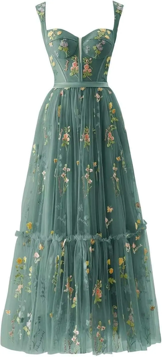 Women's Flower Embroidery Tulle Prom Dresses Tea Length Corset A Line Fairy Formal Evening Party Gown