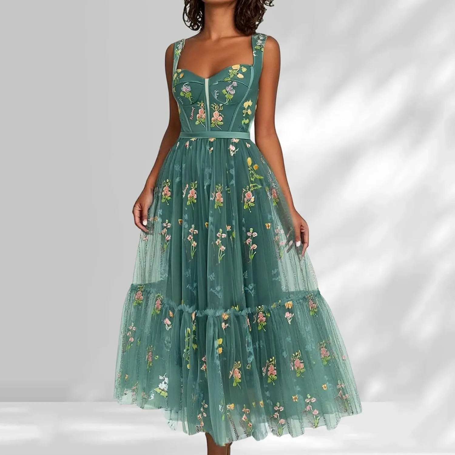 Women's Flower Embroidery Tulle Prom Dresses Tea Length Corset A Line Fairy Formal Evening Party Gown