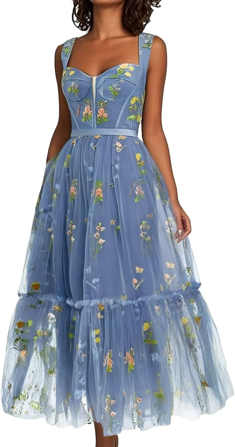 Women's Flower Embroidery Tulle Prom Dresses Tea Length Corset A Line Fairy Formal Evening Party Gown