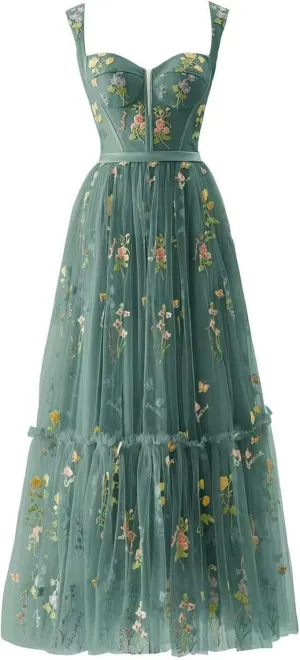 Women's Flower Embroidery Tulle Prom Dresses Tea Length Corset A Line Fairy Formal Evening Party Gown