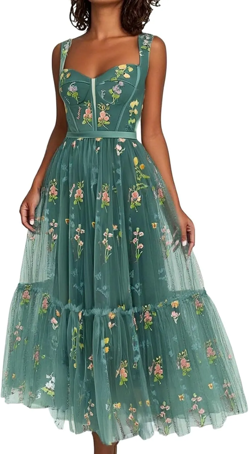 Women's Flower Embroidery Tulle Prom Dresses Tea Length Corset A Line Fairy Formal Evening Party Gown