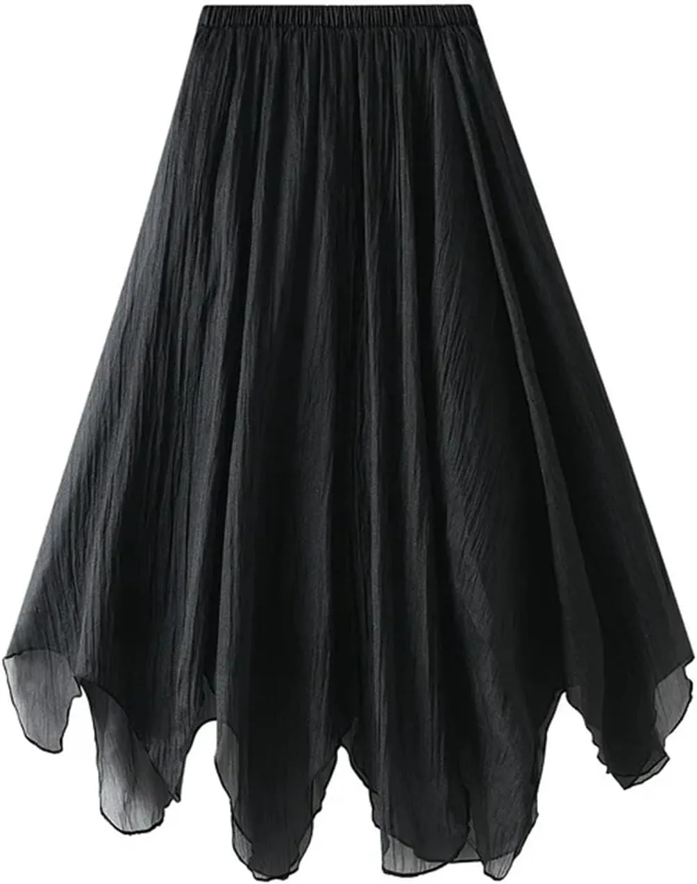 Women's Irregular Hem Gauze Midi Skirt - Medium Length A-Line Pleated Skirt with Wave Hem Office Wear