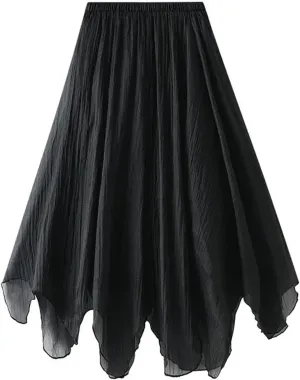 Women's Irregular Hem Gauze Midi Skirt - Medium Length A-Line Pleated Skirt with Wave Hem Office Wear