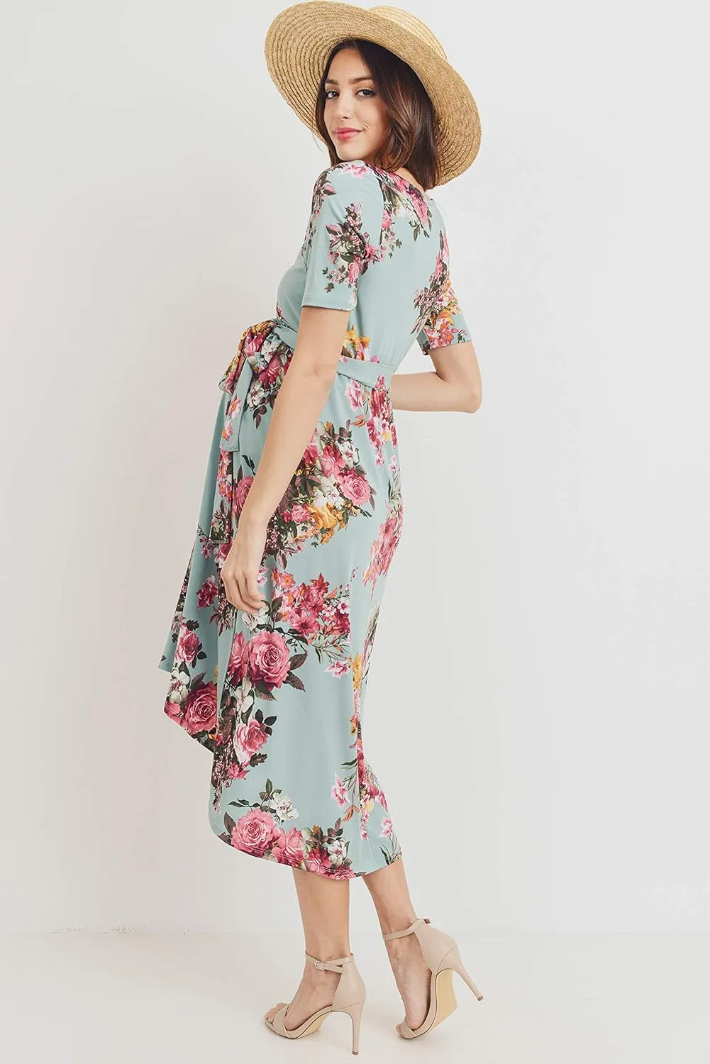 Women's Maternity Wrap Dress Midi Length with Waist Belt