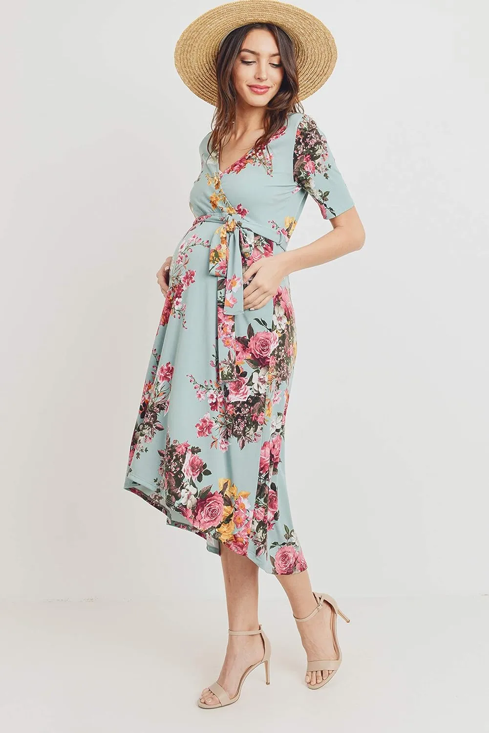 Women's Maternity Wrap Dress Midi Length with Waist Belt