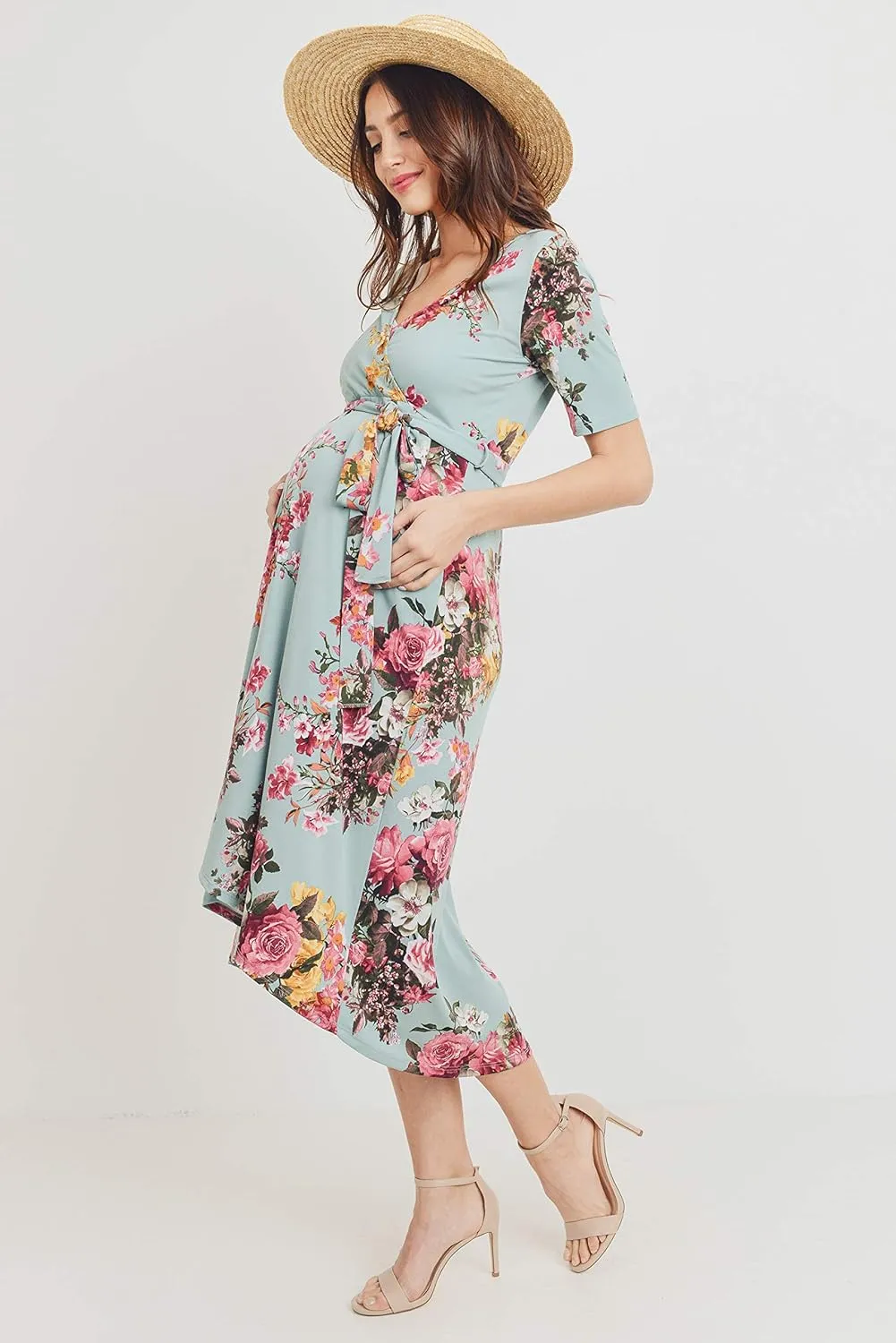 Women's Maternity Wrap Dress Midi Length with Waist Belt