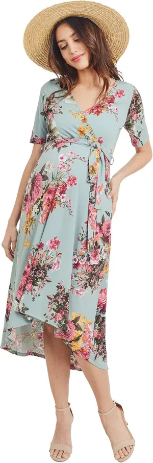 Women's Maternity Wrap Dress Midi Length with Waist Belt