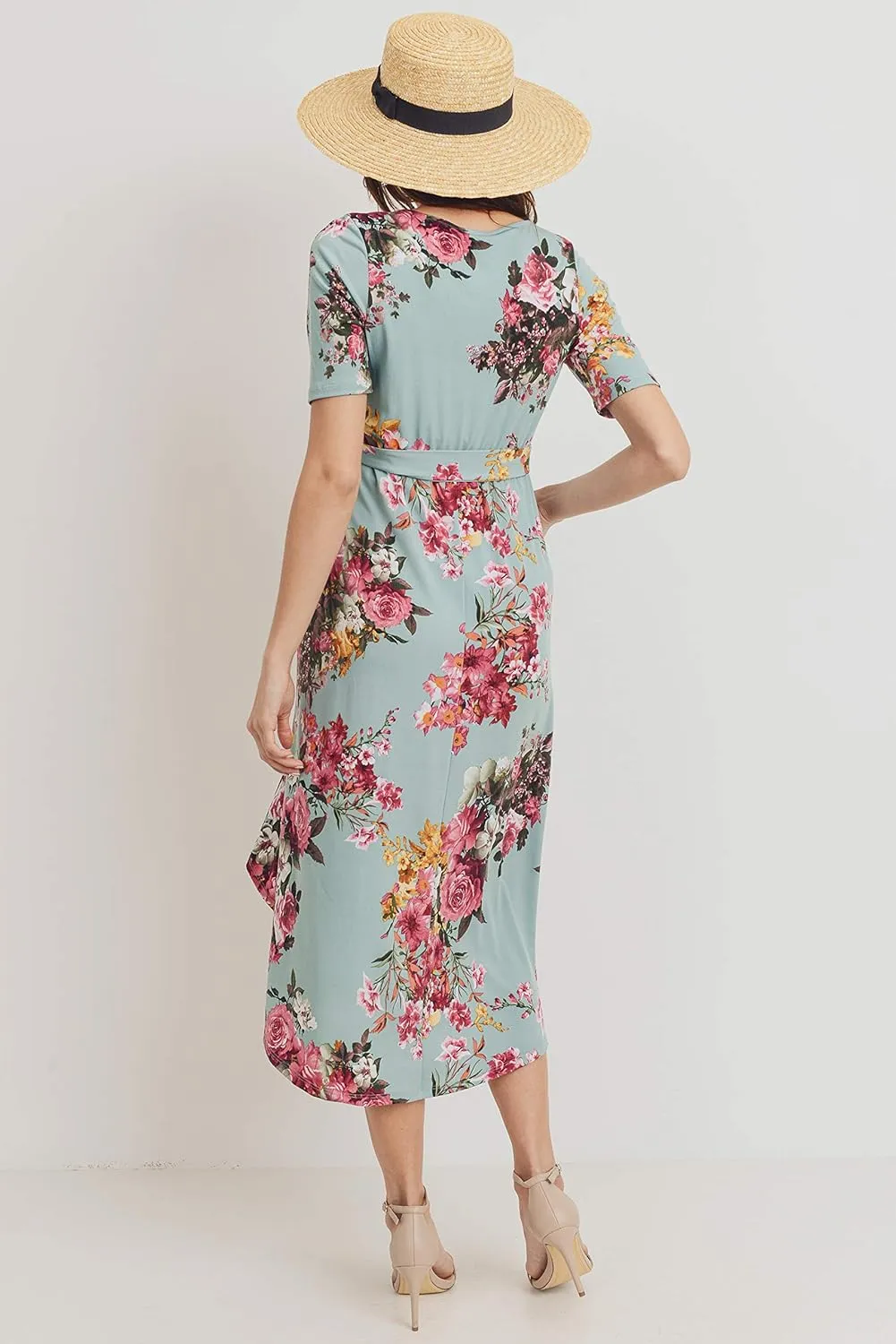 Women's Maternity Wrap Dress Midi Length with Waist Belt