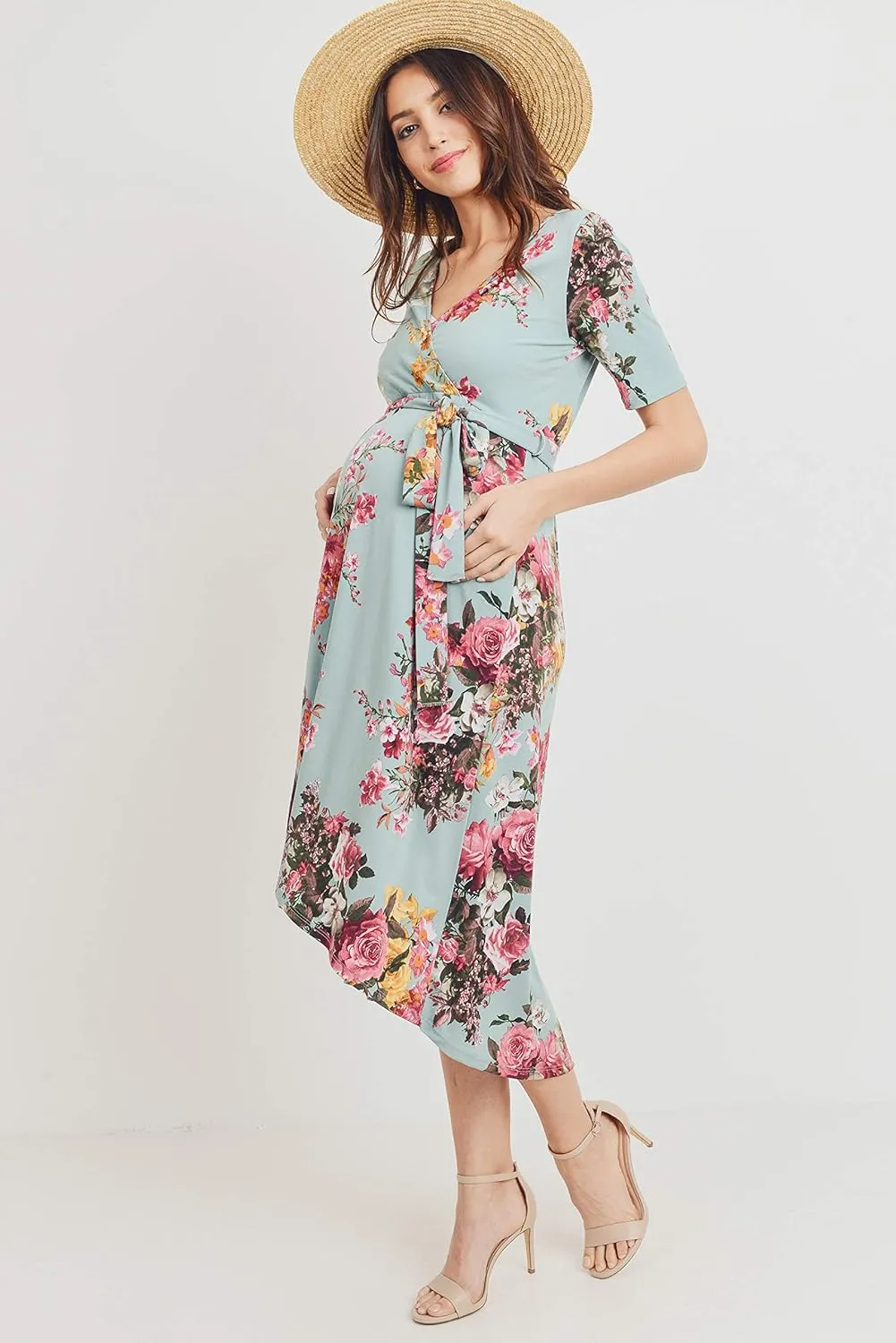 Women's Maternity Wrap Dress Midi Length with Waist Belt
