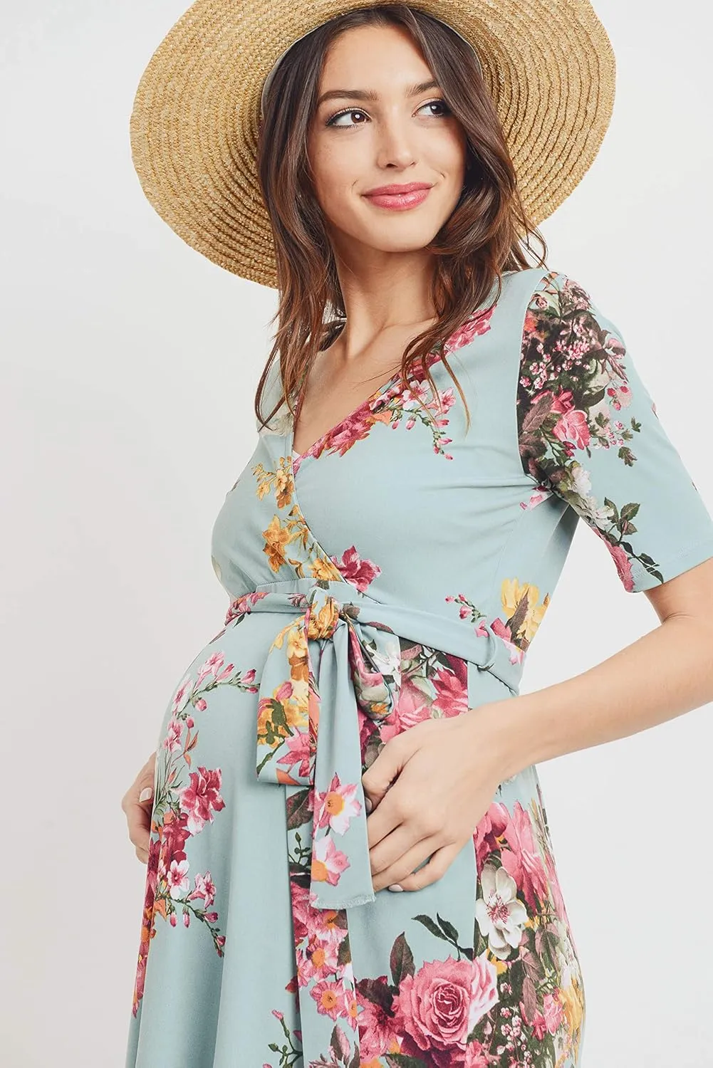 Women's Maternity Wrap Dress Midi Length with Waist Belt