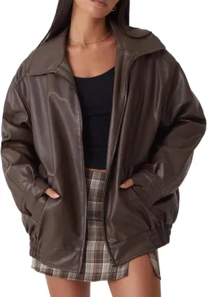 Womens Oversized Faux Leather Motocycle Jacket (Dark Brown, Medium)