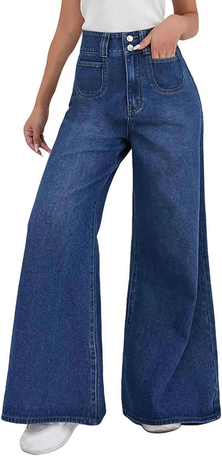 Womens Ripped Jeans High Waisted Distressed Baggy Straight Wide Leg Pants Lounge Denim Pants with Pockets