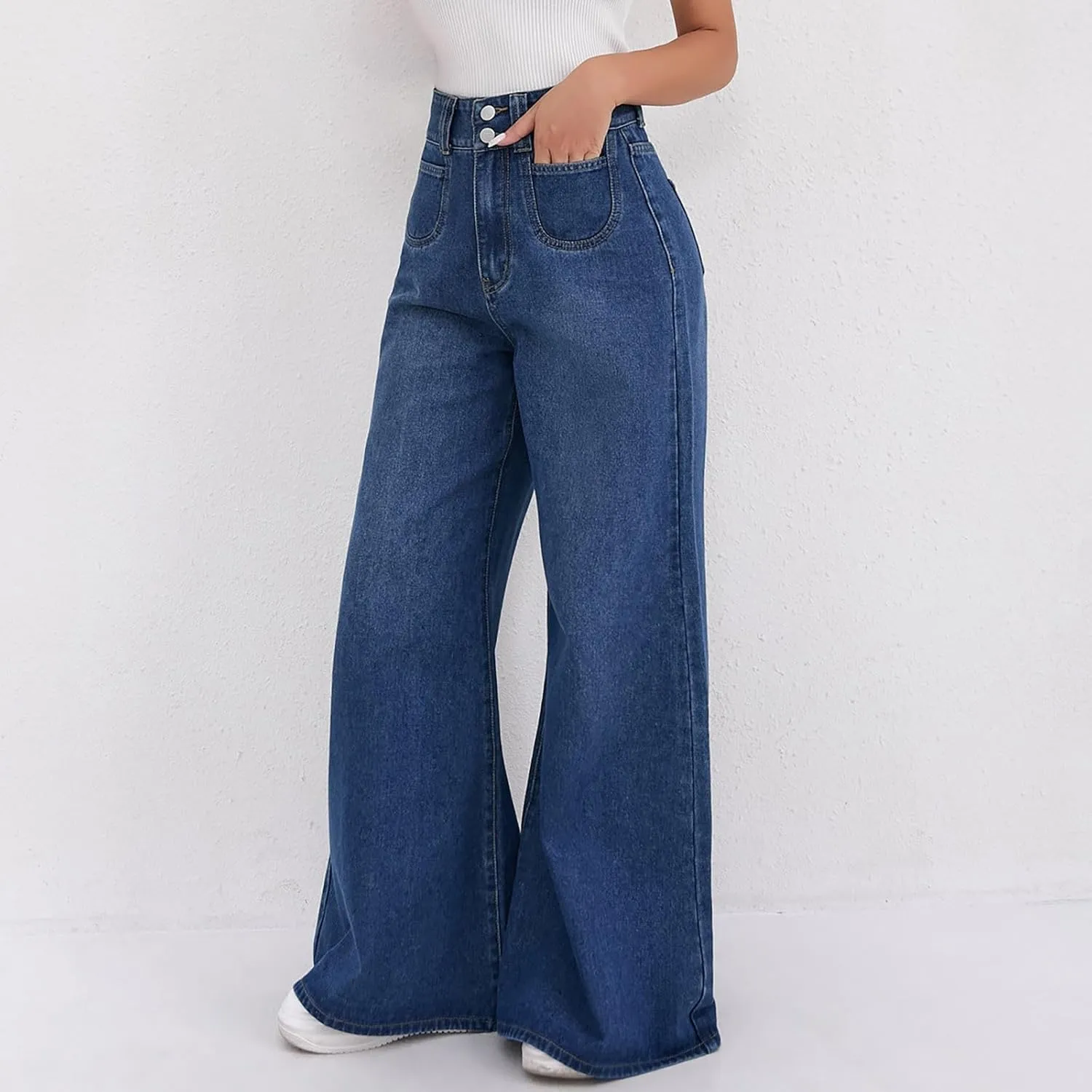 Womens Ripped Jeans High Waisted Distressed Baggy Straight Wide Leg Pants Lounge Denim Pants with Pockets
