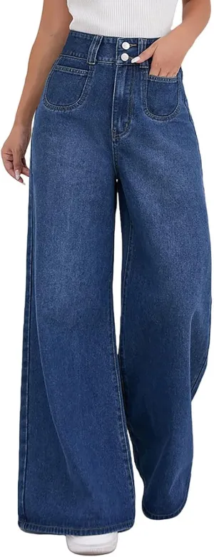 Womens Ripped Jeans High Waisted Distressed Baggy Straight Wide Leg Pants Lounge Denim Pants with Pockets