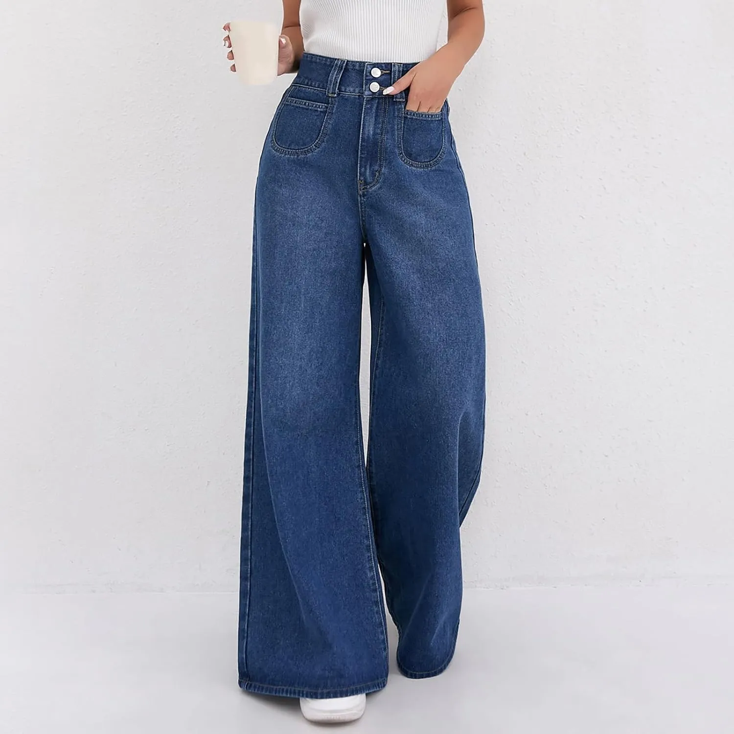 Womens Ripped Jeans High Waisted Distressed Baggy Straight Wide Leg Pants Lounge Denim Pants with Pockets