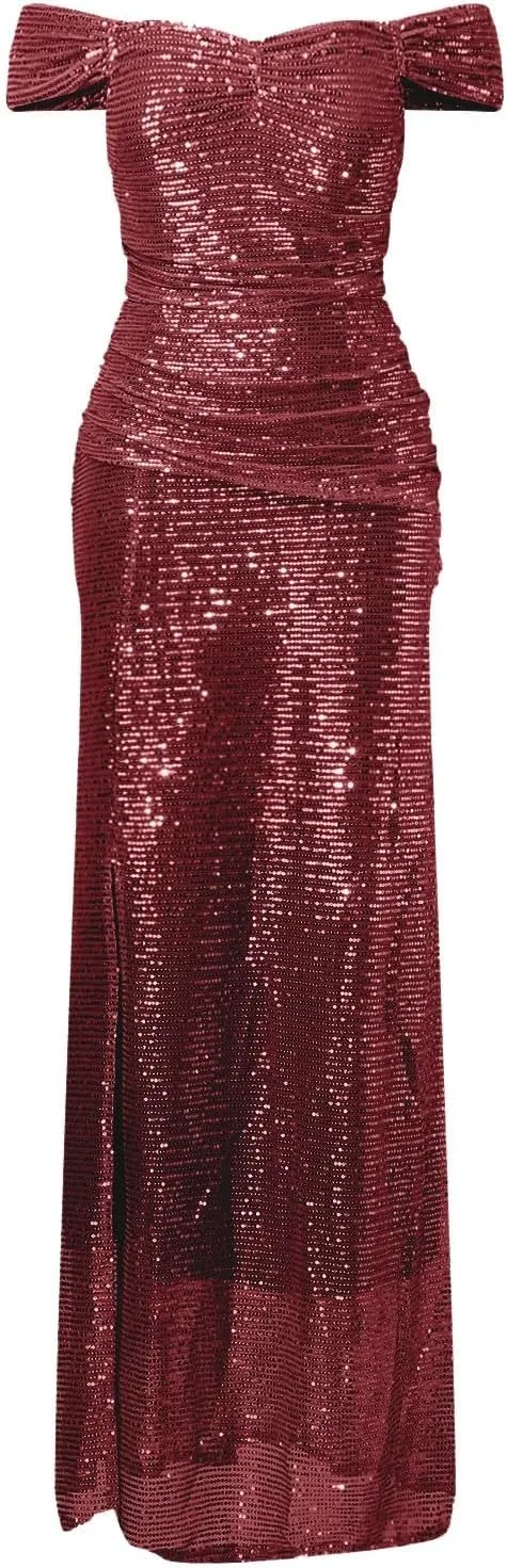 Women's Sequin Prom Dresses with Slit Mermaid Long Ball Gown Ruched Sparkly Formal Evening Gown