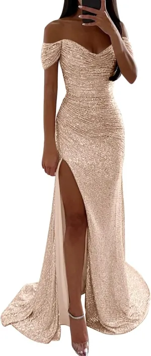 Women's Sequin Prom Dresses with Slit Off Shoulder Mermaid Long Ball Gown Ruched Sparkly Formal Evening Gown