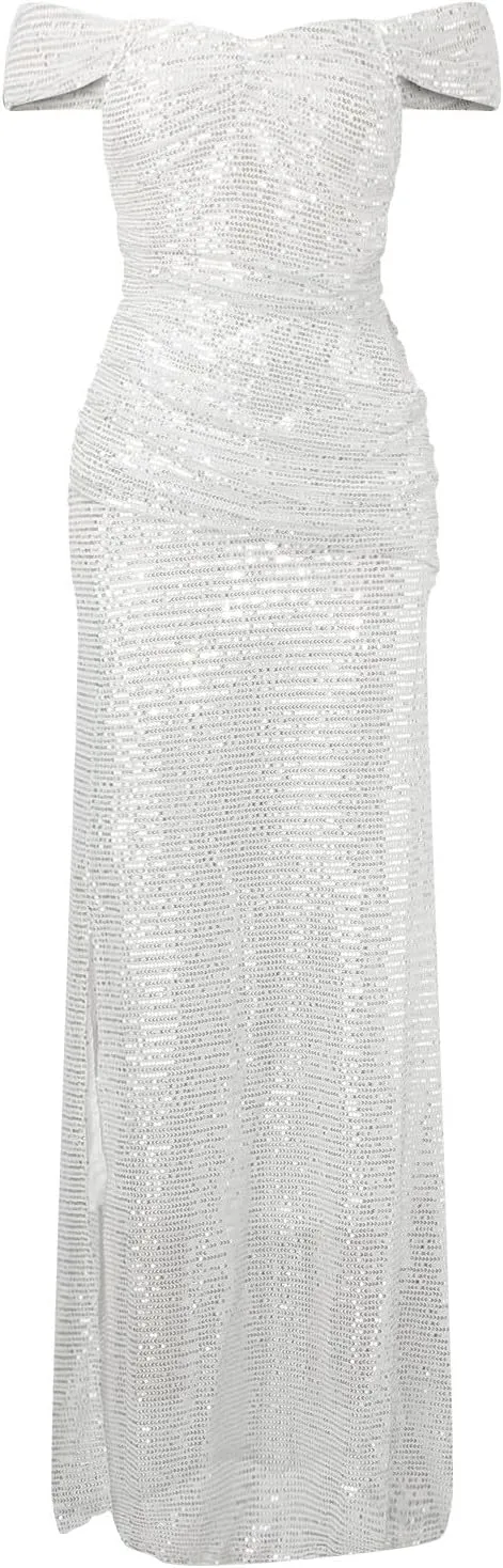 Women's Sequin Prom Dresses with Slit Off Shoulder Mermaid Long Ball Gown Ruched Sparkly Formal Evening Gown