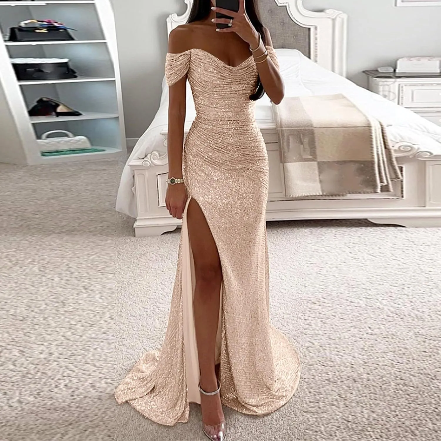 Women's Sequin Prom Dresses with Slit Off Shoulder Mermaid Long Ball Gown Ruched Sparkly Formal Evening Gown