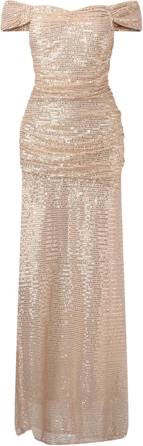 Women's Sequin Prom Dresses with Slit Off Shoulder Mermaid Long Ball Gown Ruched Sparkly Formal Evening Gown