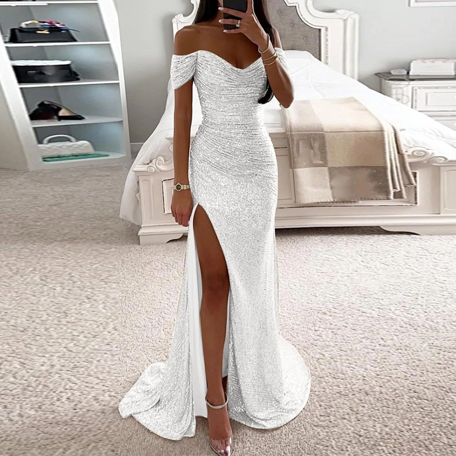 Women's Sequin Prom Dresses with Slit Off Shoulder Mermaid Long Ball Gown Ruched Sparkly Formal Evening Gown