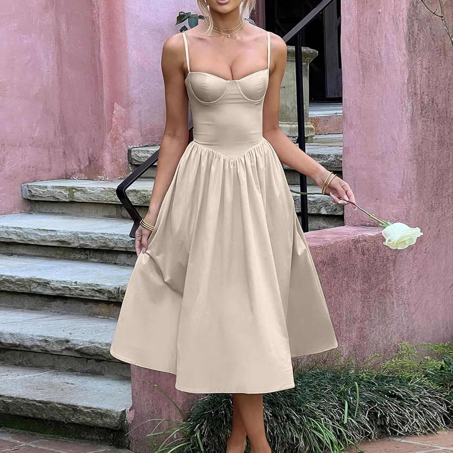Women's Sexy Low Cut Spaghetti Strap Long Dresses Casual Sleeveless Trendy Slimd Midi Dress Square Neck Bustier Dress