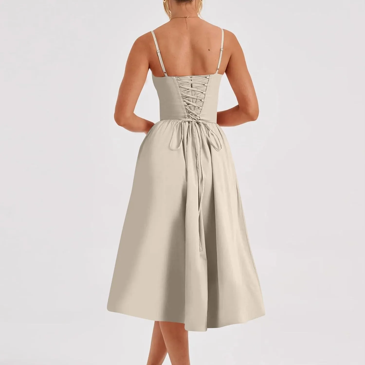 Women's Sexy Low Cut Spaghetti Strap Long Dresses Casual Sleeveless Trendy Slimd Midi Dress Square Neck Bustier Dress