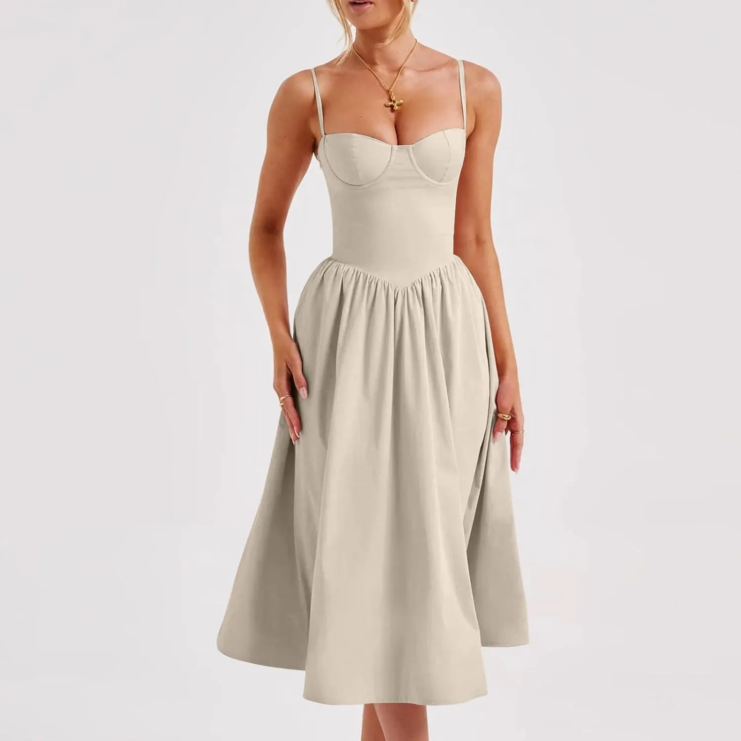 Women's Sexy Low Cut Spaghetti Strap Long Dresses Casual Sleeveless Trendy Slimd Midi Dress Square Neck Bustier Dress
