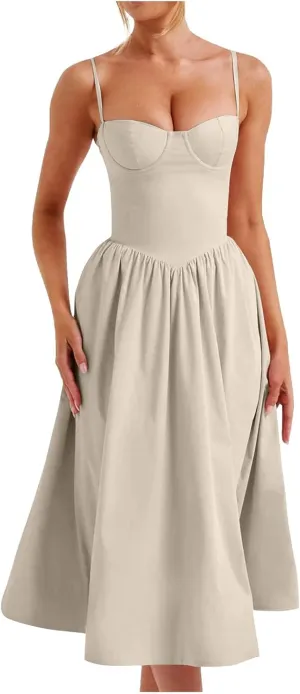 Women's Sexy Low Cut Spaghetti Strap Long Dresses Casual Sleeveless Trendy Slimd Midi Dress Square Neck Bustier Dress