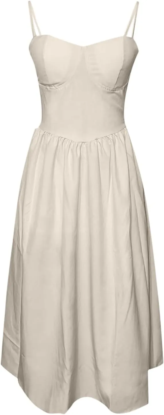 Women's Sexy Low Cut Spaghetti Strap Long Dresses Casual Sleeveless Trendy Slimd Midi Dress Square Neck Bustier Dress
