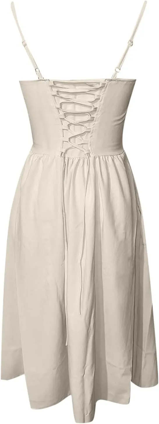 Women's Sexy Low Cut Spaghetti Strap Long Dresses Casual Sleeveless Trendy Slimd Midi Dress Square Neck Bustier Dress