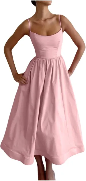 Women's Sexy Low Cut Spaghetti Strap Long Dresses Sleeveless Backless Slimd Midi Dress Square Neck Bustier Dress