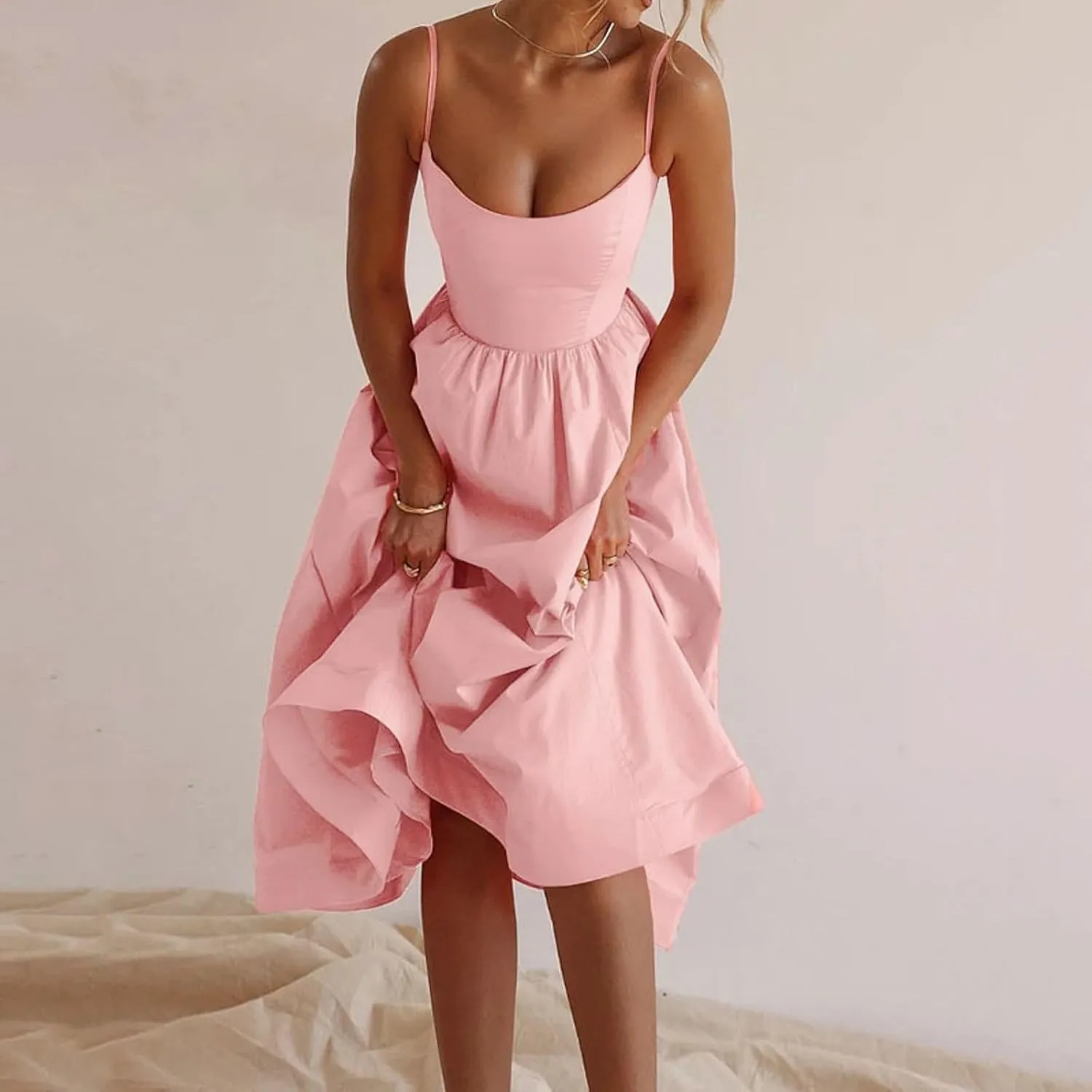 Women's Sexy Low Cut Spaghetti Strap Long Dresses Sleeveless Backless Slimd Midi Dress Square Neck Bustier Dress