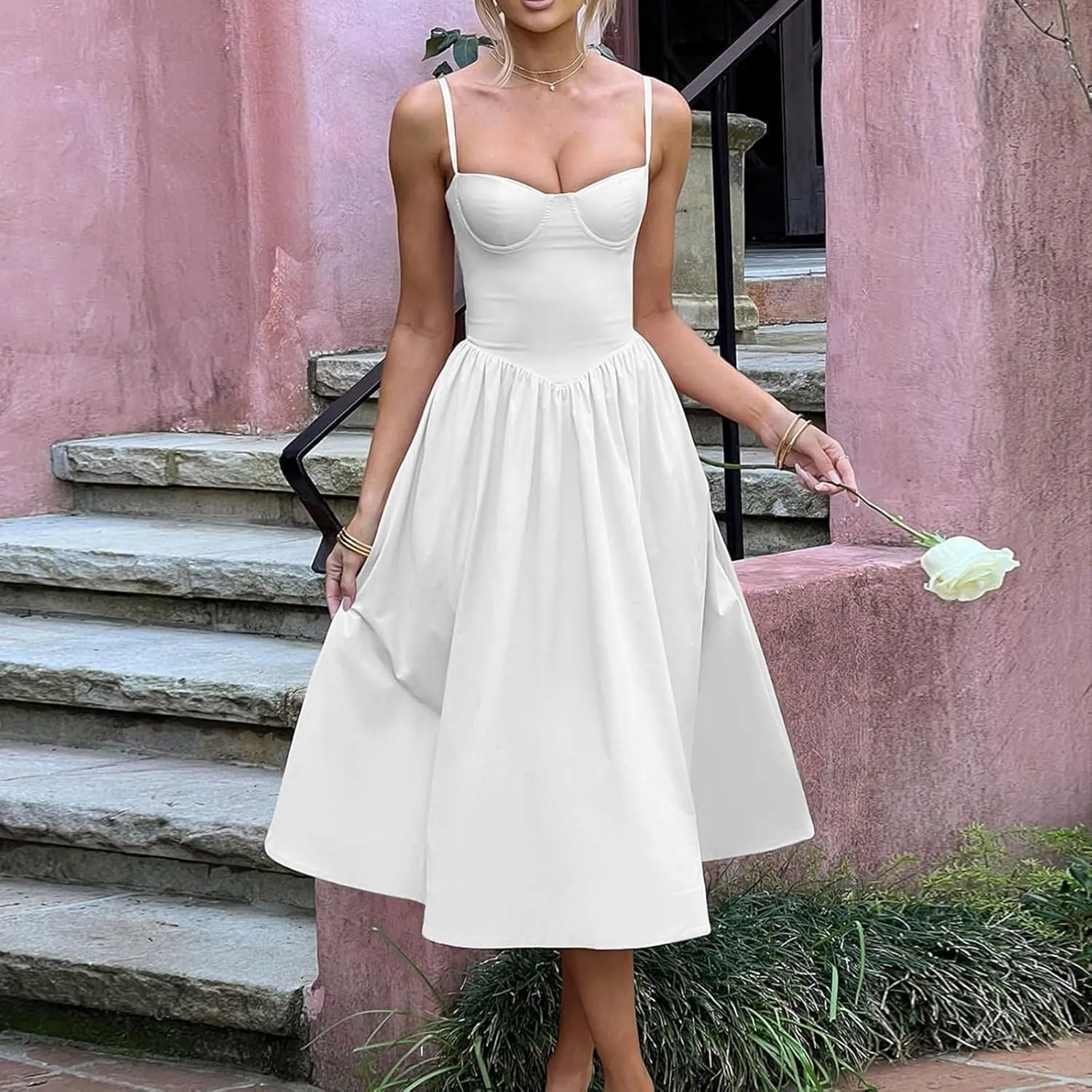 Women's Sexy Low Cut Spaghetti Strap Long Dresses Sleeveless Backless Slimd Midi Dress Square Neck Bustier Dress