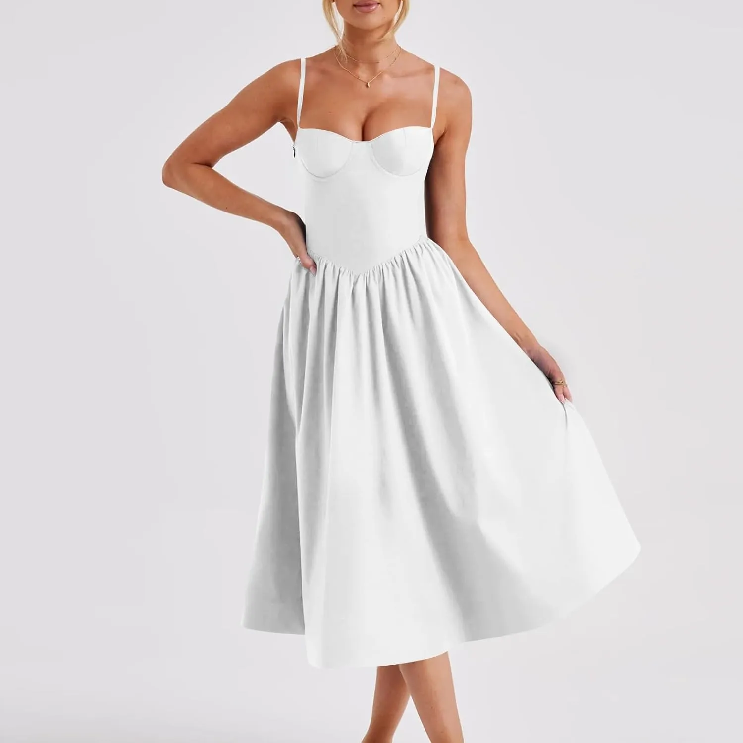 Women's Sexy Low Cut Spaghetti Strap Long Dresses Sleeveless Backless Slimd Midi Dress Square Neck Bustier Dress