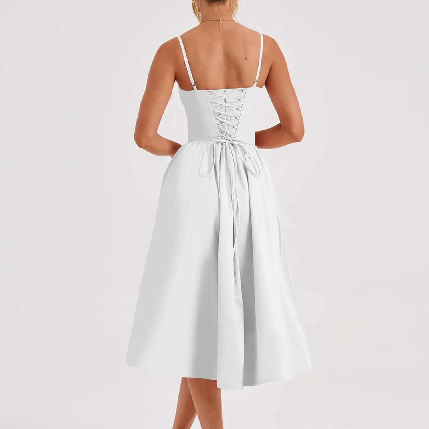 Women's Sexy Low Cut Spaghetti Strap Long Dresses Sleeveless Backless Slimd Midi Dress Square Neck Bustier Dress