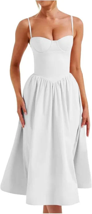 Women's Sexy Low Cut Spaghetti Strap Long Dresses Sleeveless Backless Slimd Midi Dress Square Neck Bustier Dress